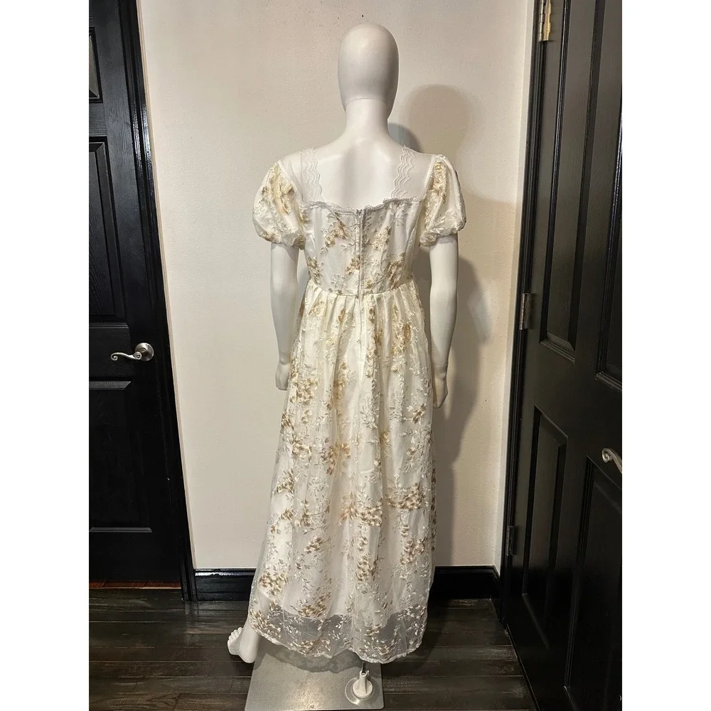 Floral Embroidered Mesh Maxi Dress White Gold Puff Sleeve Empire Waist Romantic - Picture 2 of 2